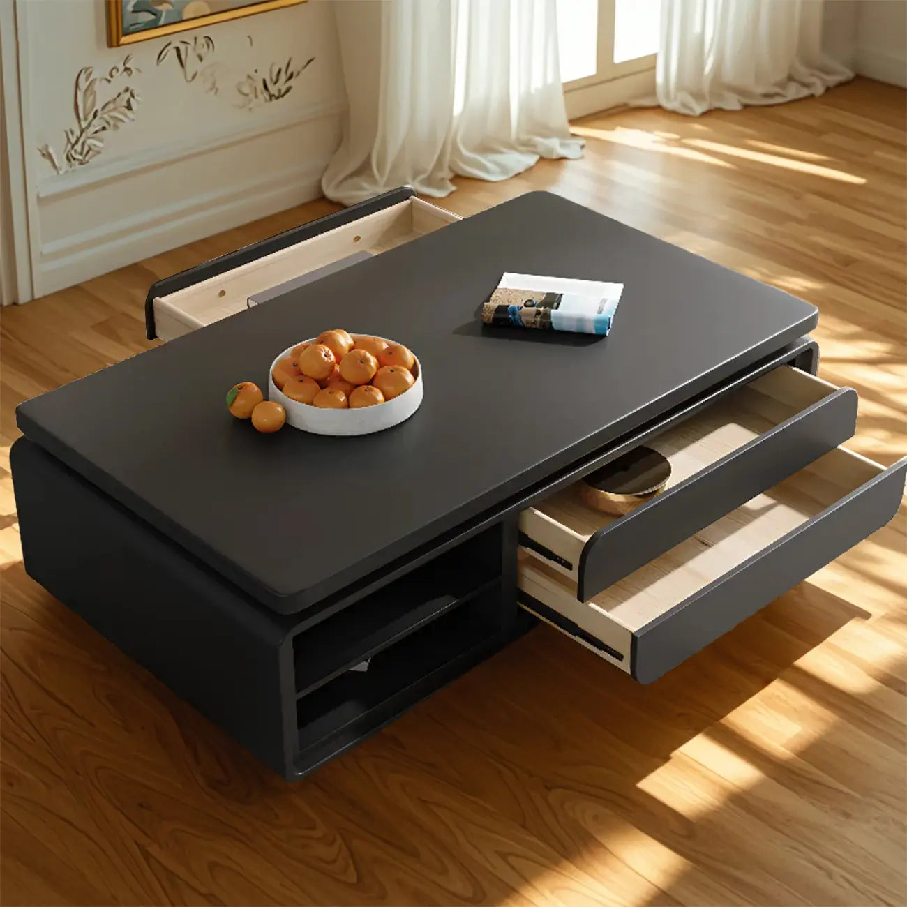Table basse rectangulaire moderne en bois noir avec tiroirs