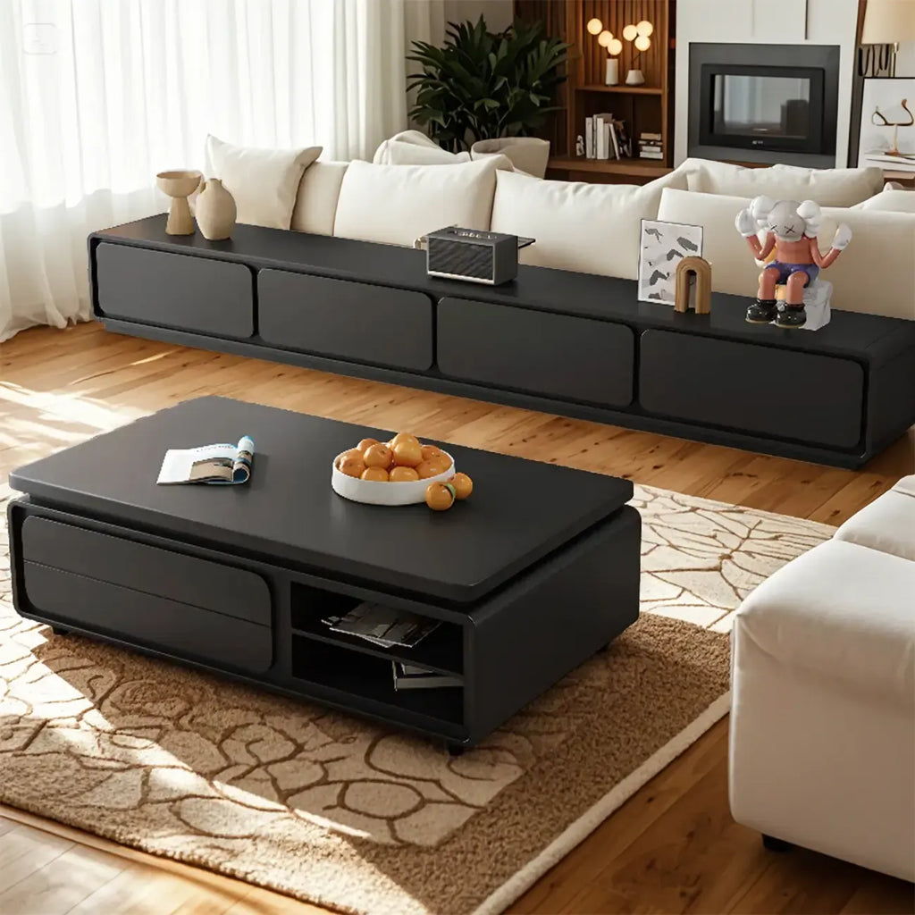 Table basse rectangulaire moderne en bois noir avec tiroirs