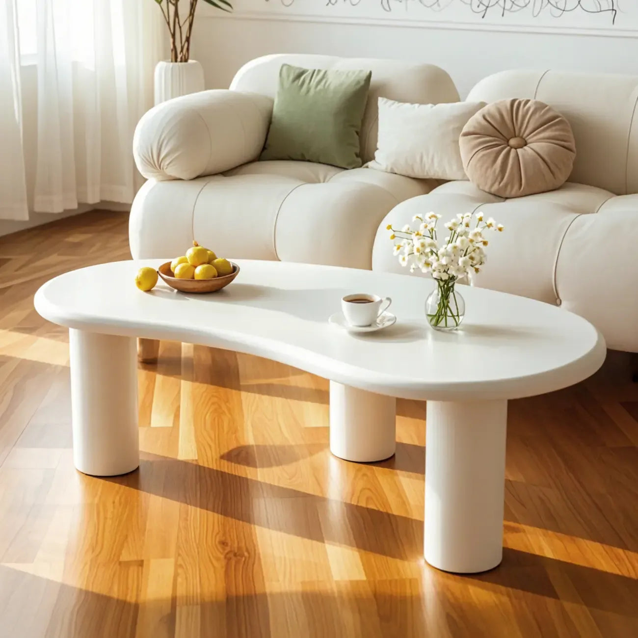 Petite table basse blanche moderne de forme irrégulière, facile à assembler