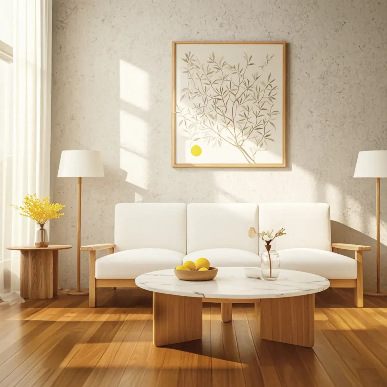Table basse ronde moderne en bois blanc pour salon