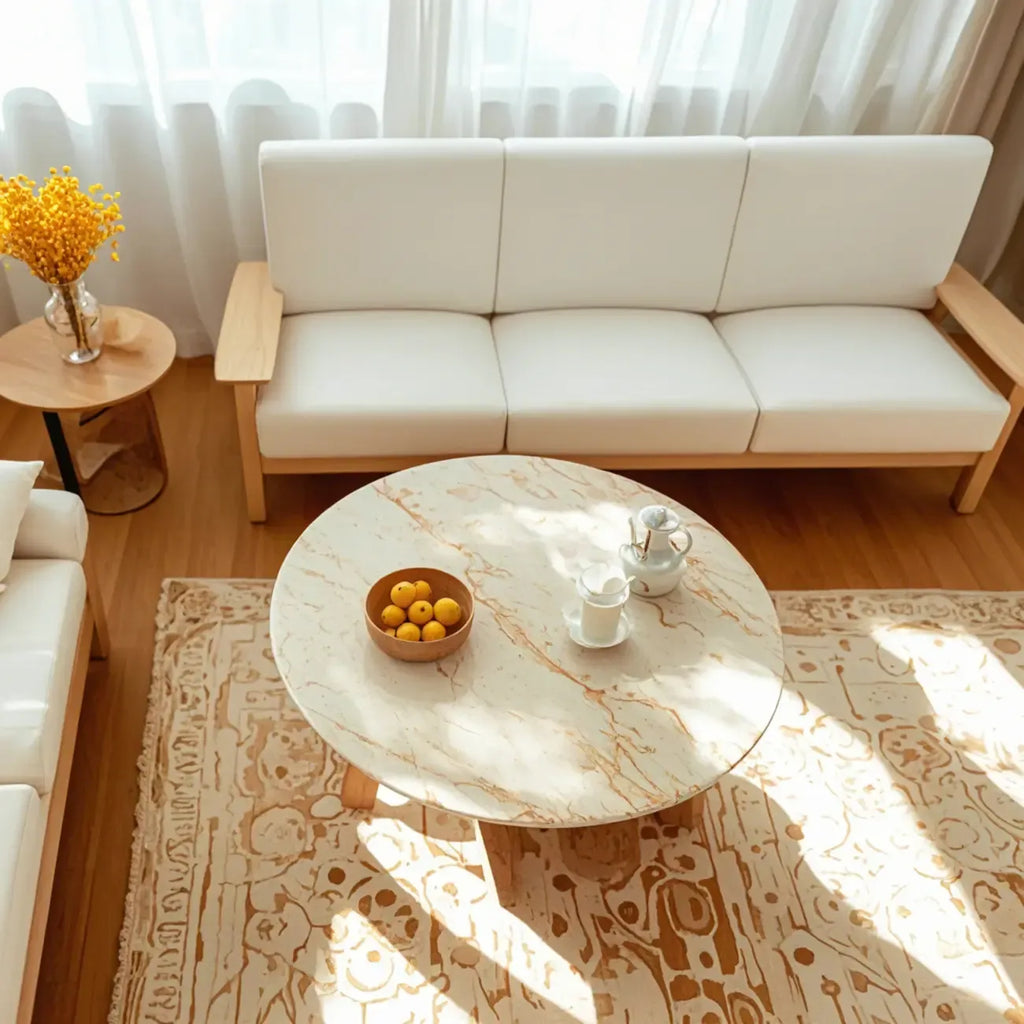 Table basse ronde moderne en bois blanc pour salon