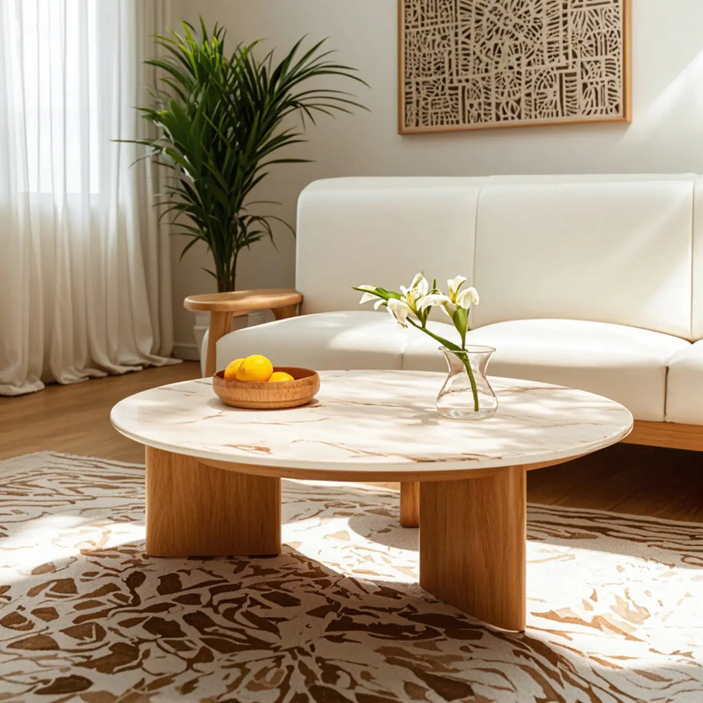 Table basse ronde moderne en bois blanc pour salon