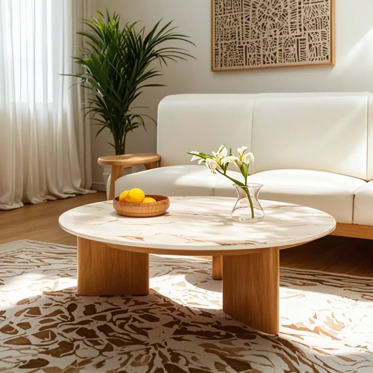 Table basse ronde moderne en bois blanc pour salon