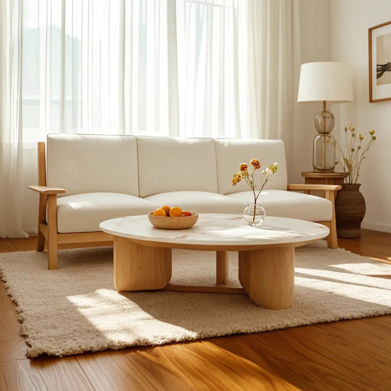 Table basse ronde moderne en bois blanc pour salon