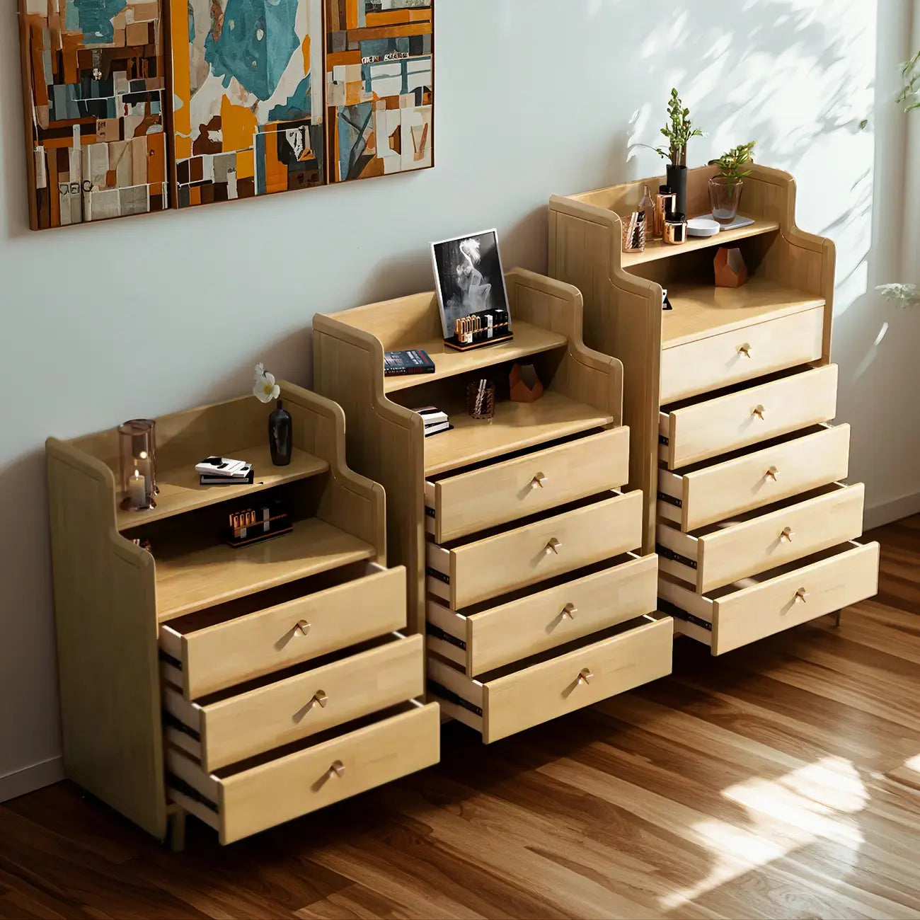 Commode basse et robuste en bois d'hévéa couleur noyer