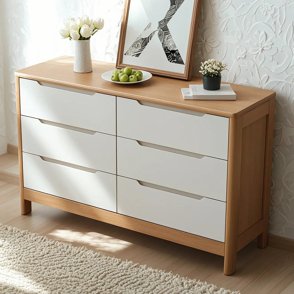 Commodes horizontales en bois d'hévéa naturel à 6 tiroirs