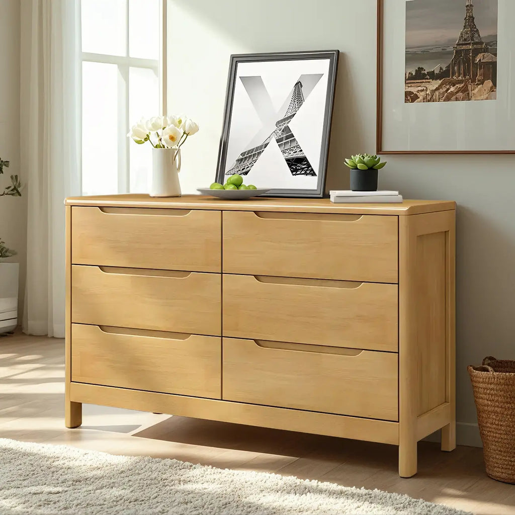 Commodes horizontales en bois d'hévéa naturel à 6 tiroirs
