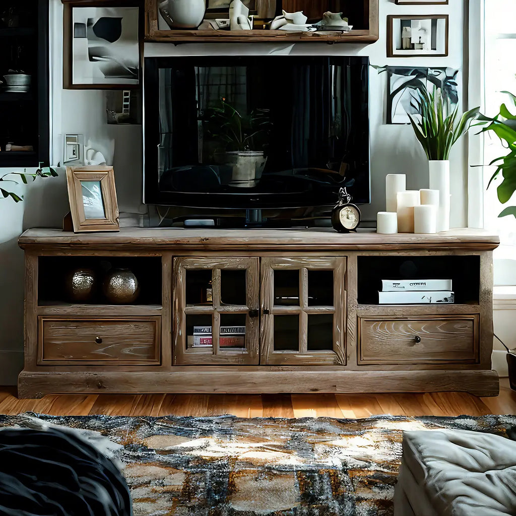 Meuble TV rectangulaire classique en bois massif pour salon