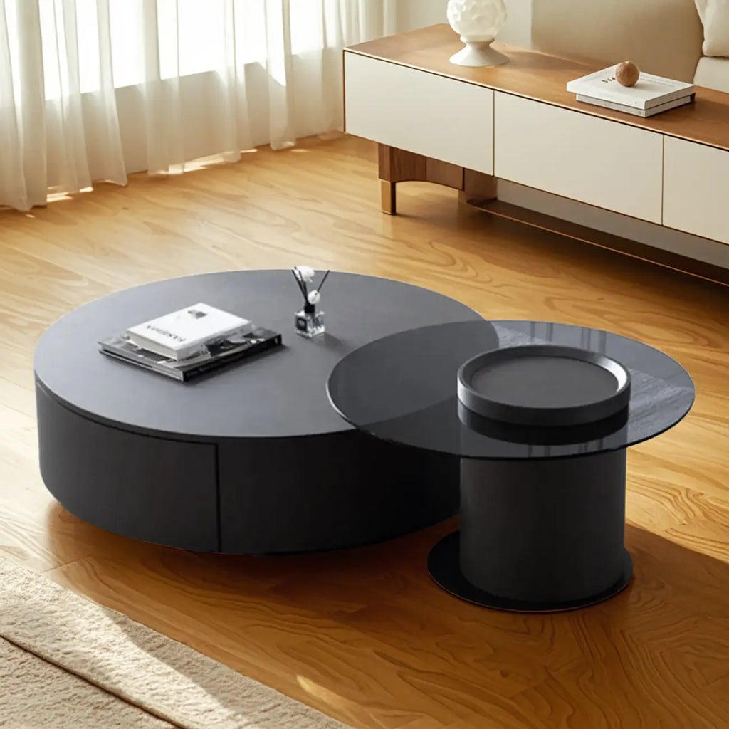 Table basse gigogne moderne noire à plateau rond avec rangement