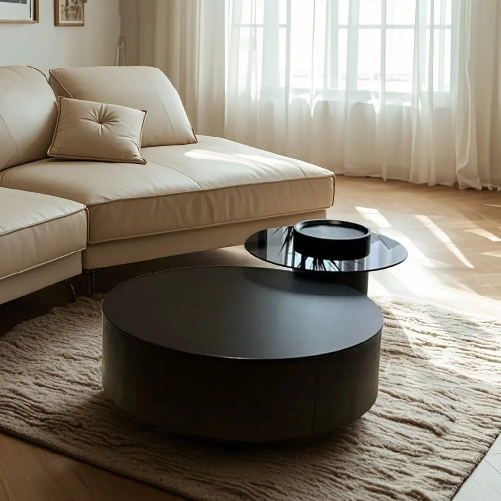 Table basse gigogne moderne noire à plateau rond avec rangement