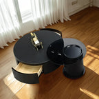 Table basse gigogne moderne noire à plateau rond avec rangement