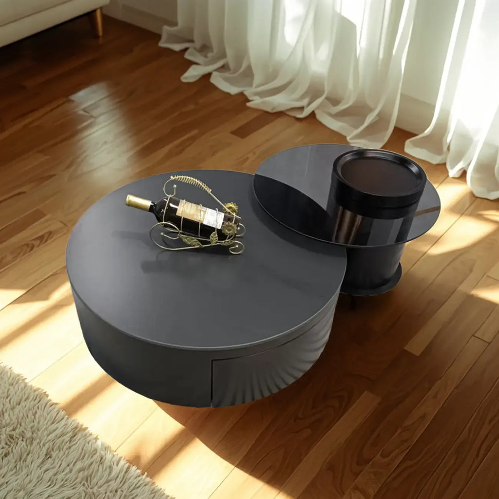 Table basse gigogne moderne noire à plateau rond avec rangement