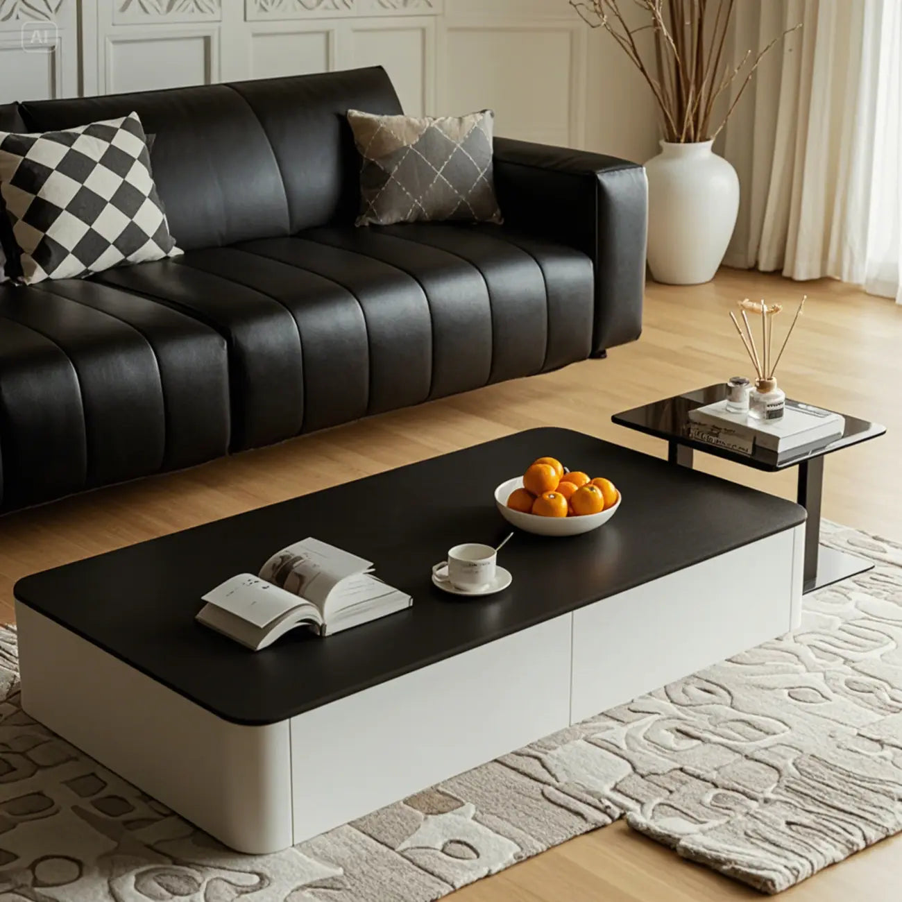 Table basse carrée noire moderne avec tiroirs pour salon