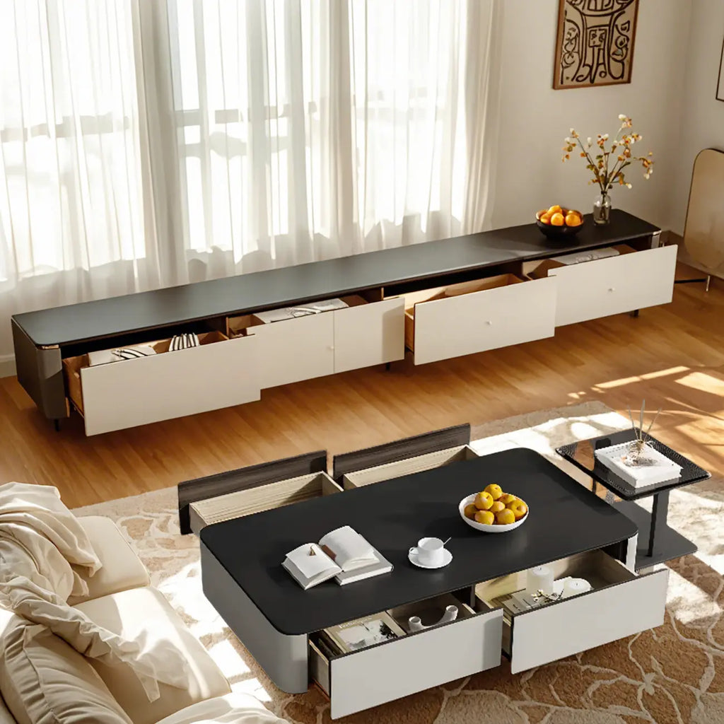 Table basse carrée noire moderne avec tiroirs pour salon