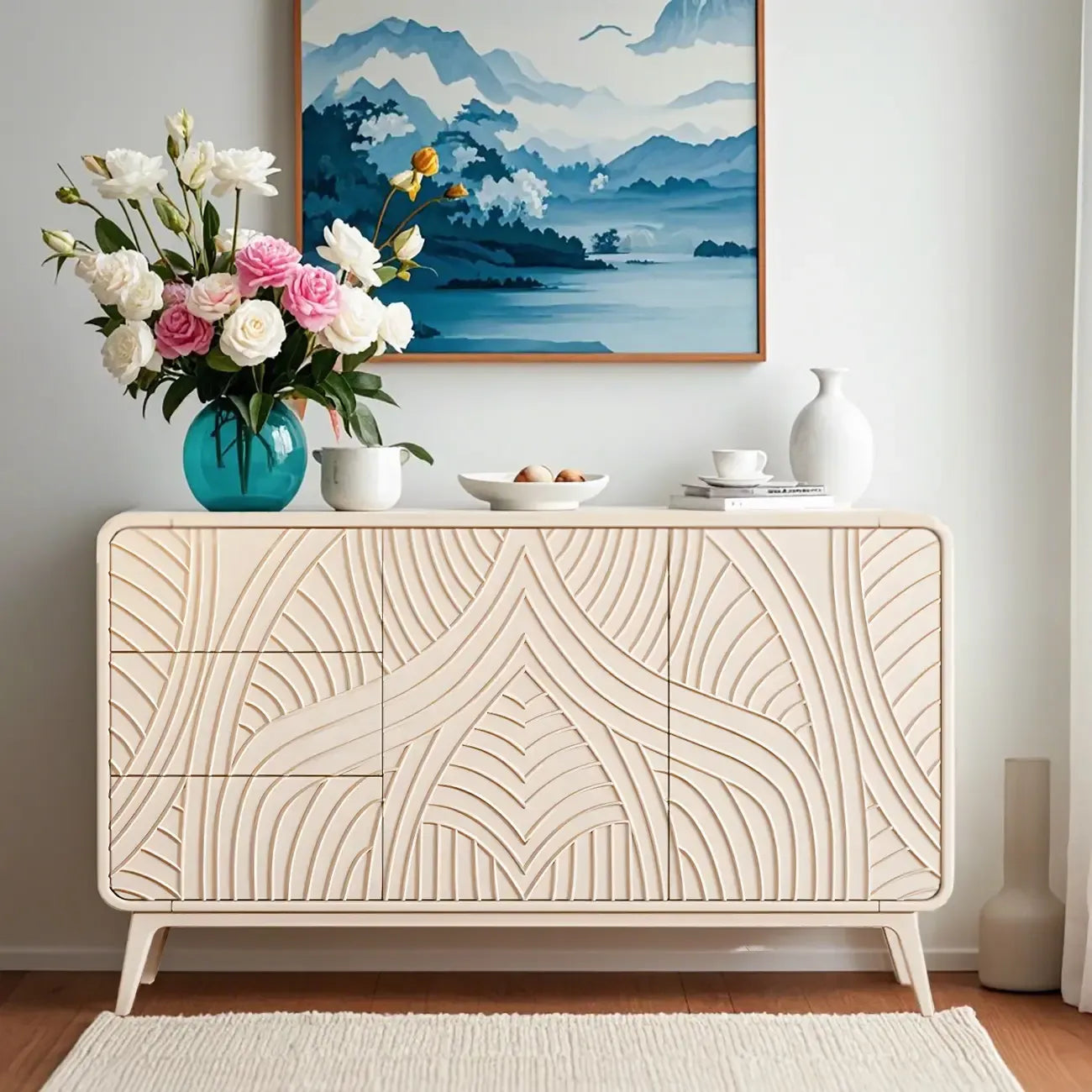Commode glamour en bois blanc aux lignes saillantes et tiroirs à fermeture douce