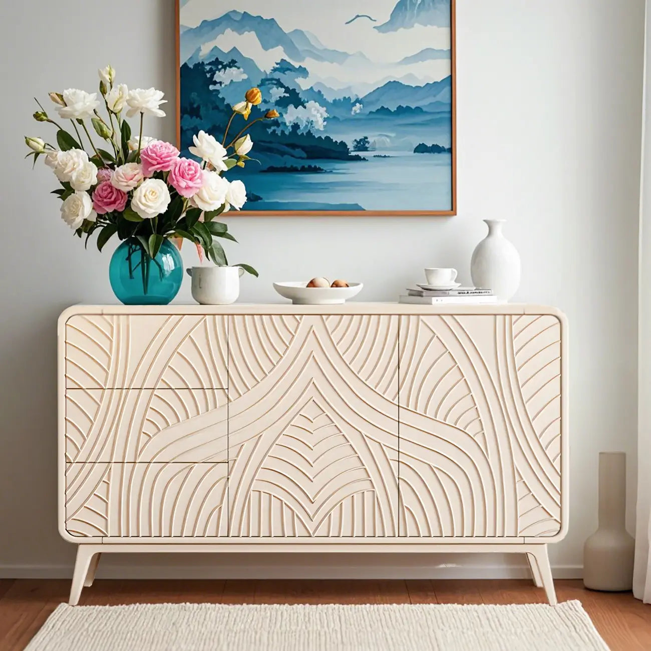 Commode glamour en bois blanc aux lignes saillantes et tiroirs à fermeture douce