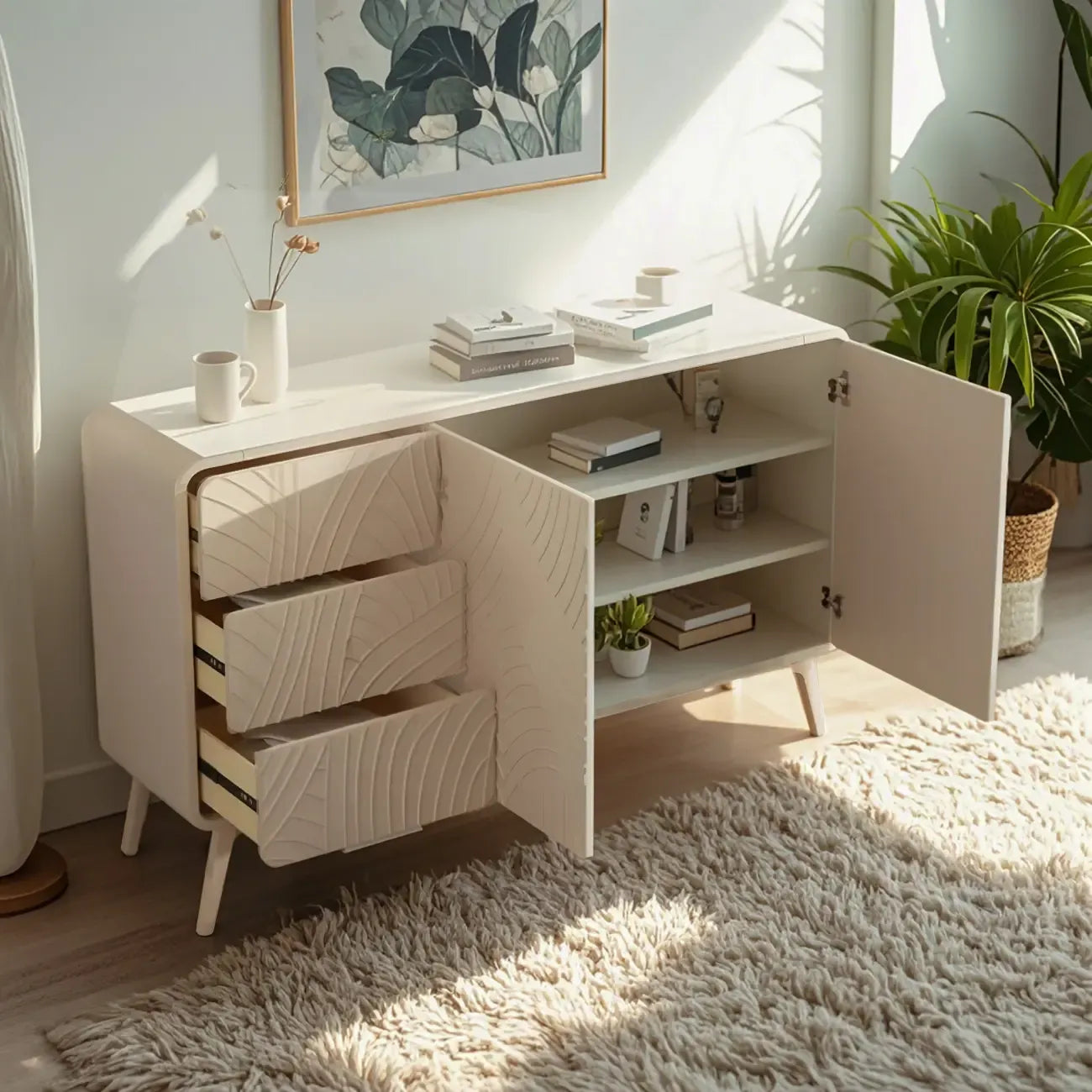 Commode glamour en bois blanc aux lignes saillantes et tiroirs à fermeture douce