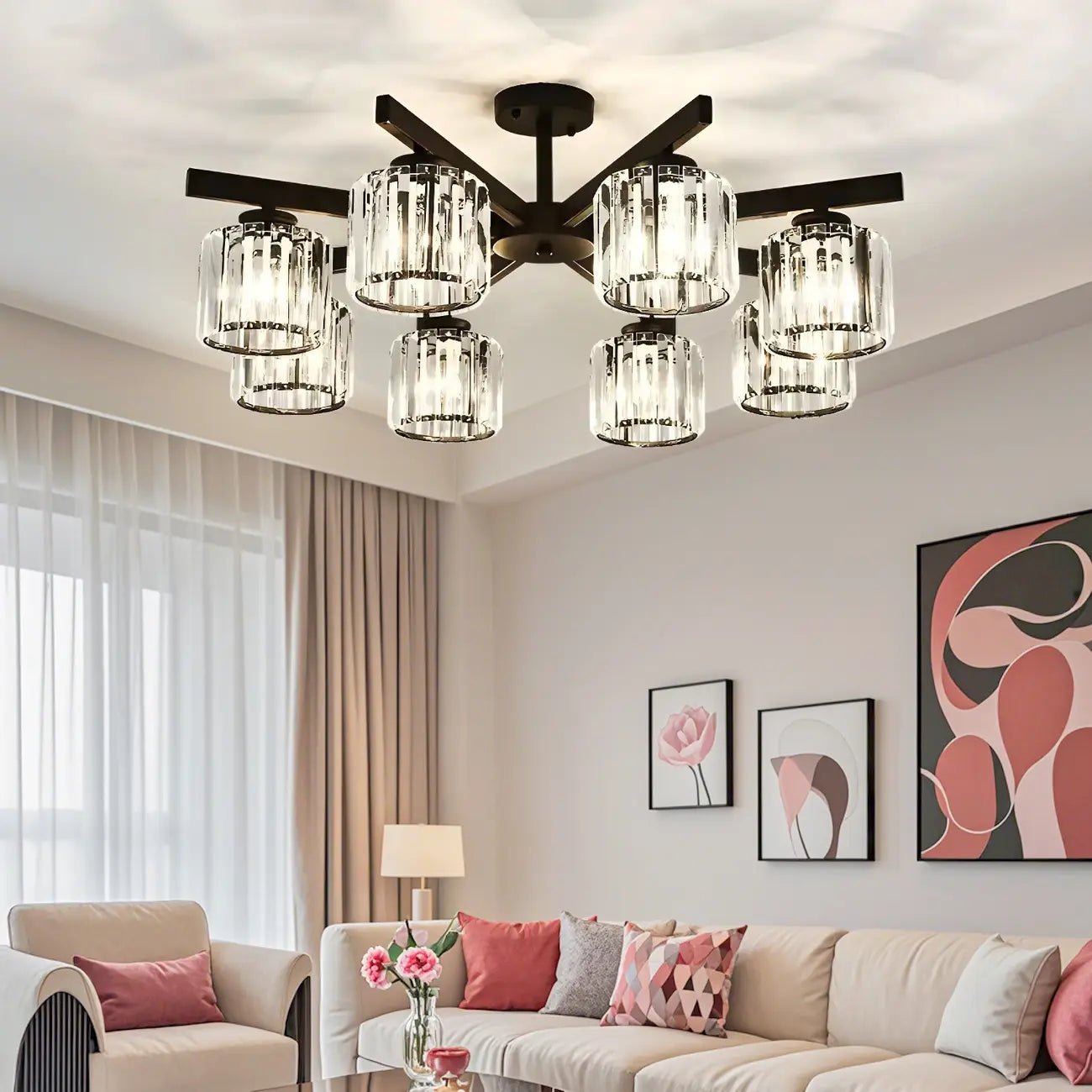 Plafonnier semi-encastré moderne en cristal cylindrique noir de grande taille