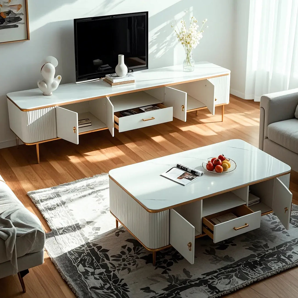 Meuble TV glamour en pierre blanche brillante avec gestion des câbles