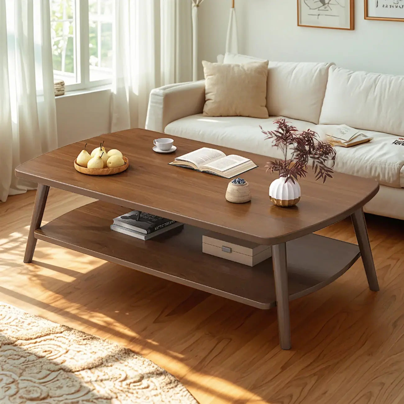 Tavolino da Caffè in Legno Scandinavo a 2 Livelli con Design Salvaspazio