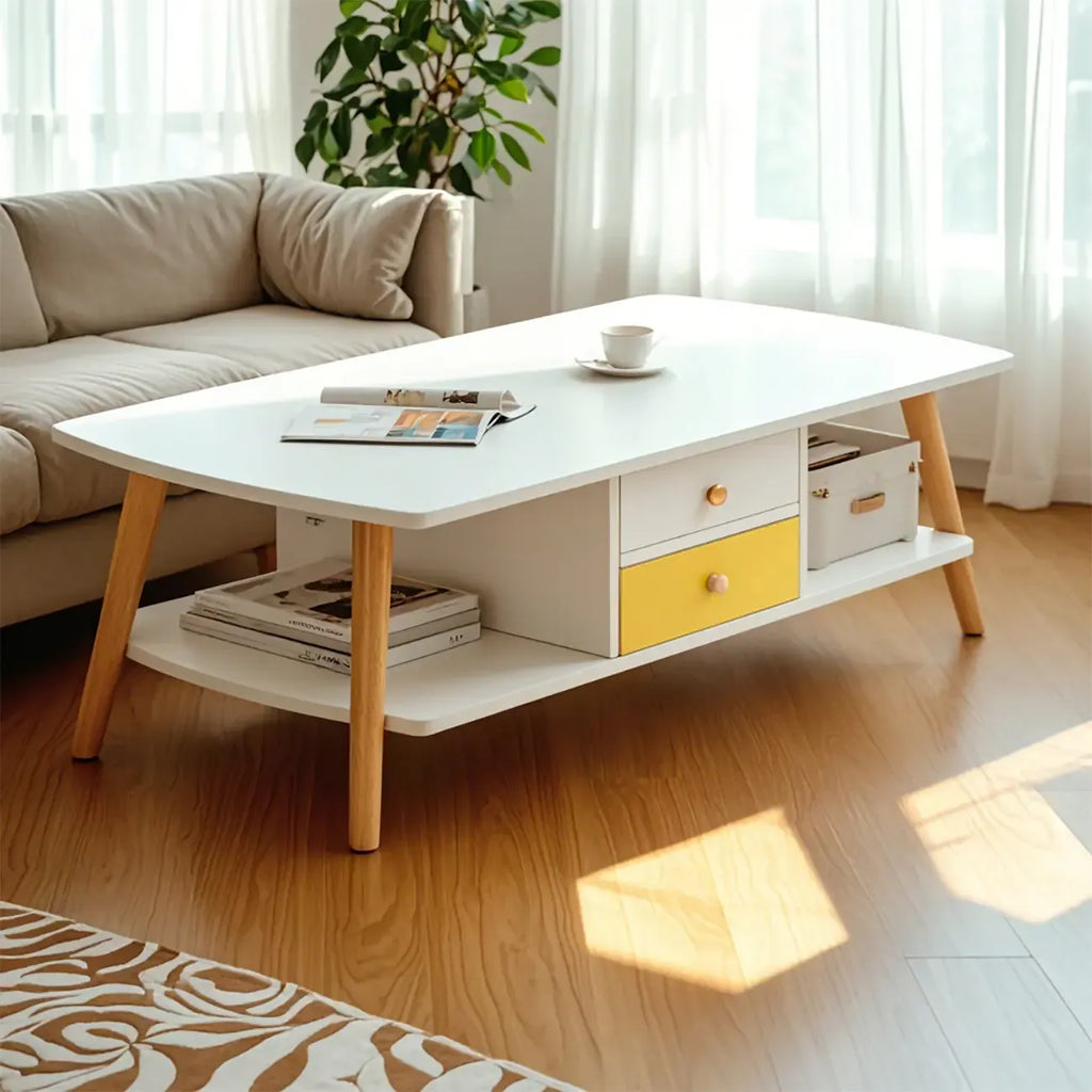 Tavolino da Caffè in Legno Scandinavo a 2 Livelli con Design Salvaspazio
