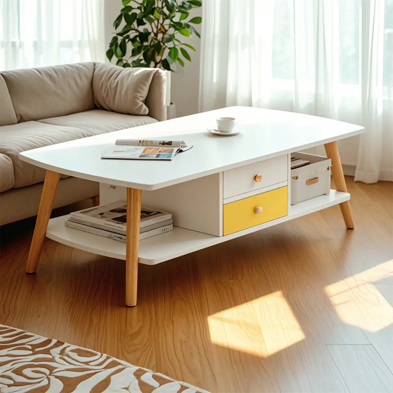 Tavolino da Caffè in Legno Scandinavo a 2 Livelli con Design Salvaspazio