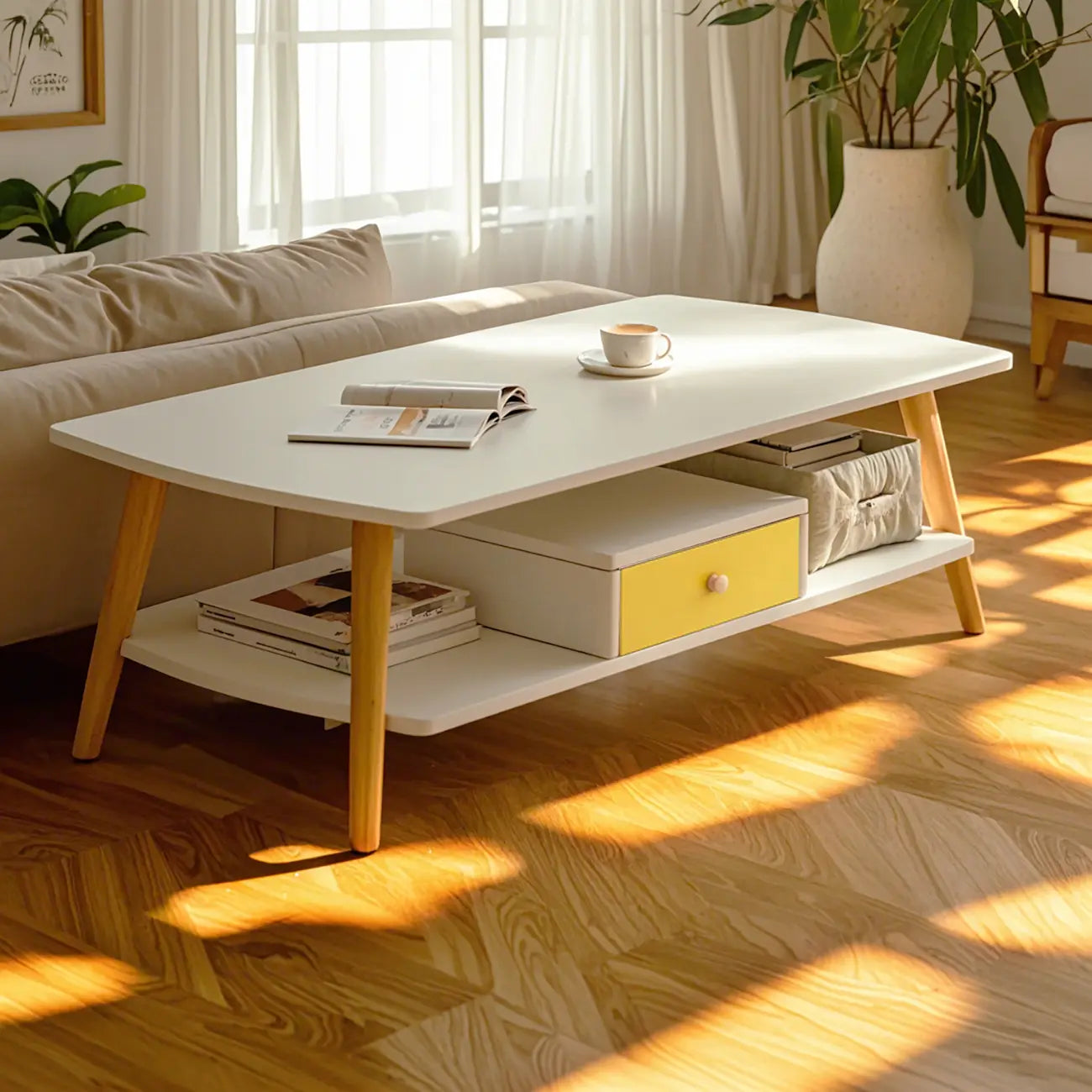 Tavolino da Caffè in Legno Scandinavo a 2 Livelli con Design Salvaspazio