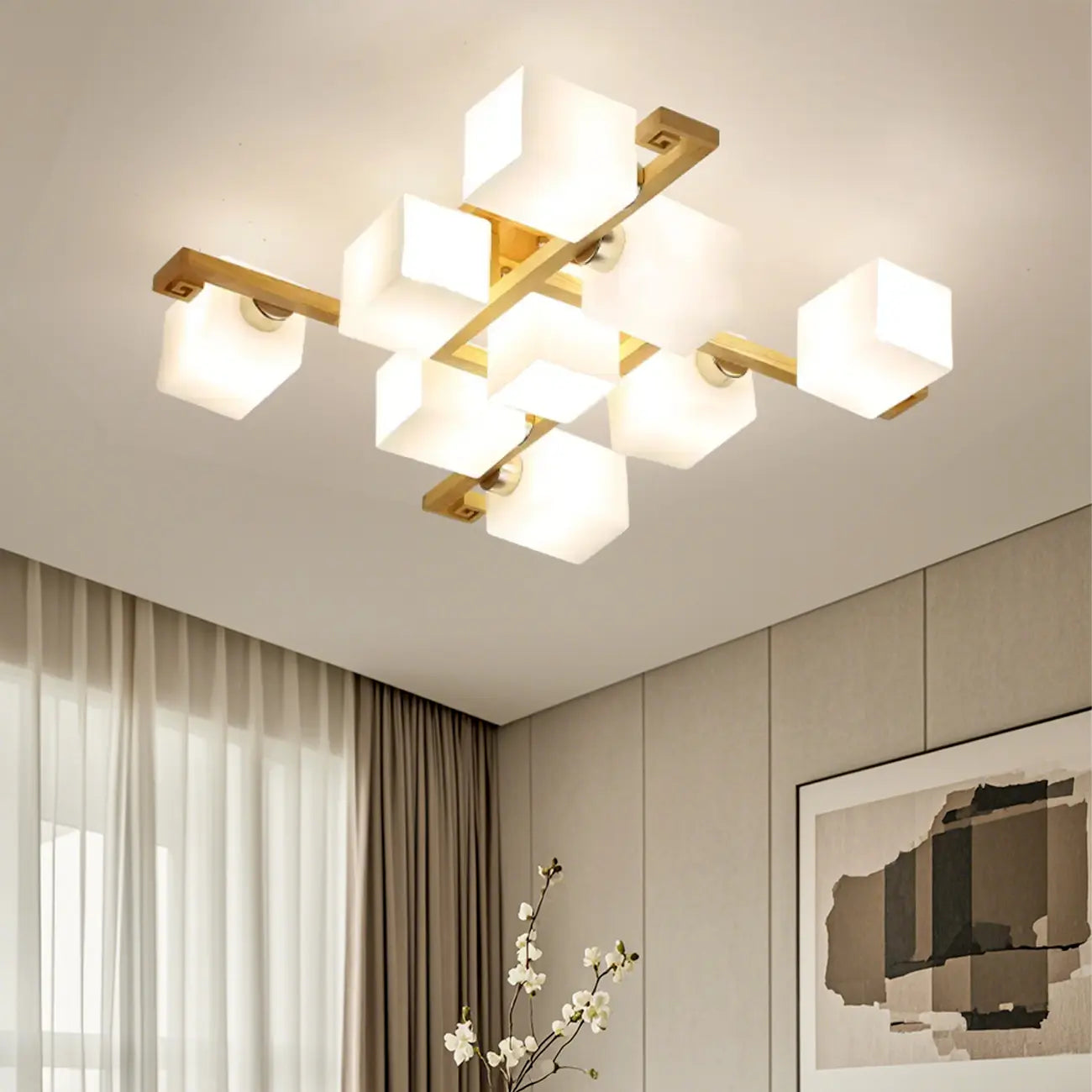 Plafonnier semi-encastré carré en verre et bois naturel de 8,5 pouces de hauteur