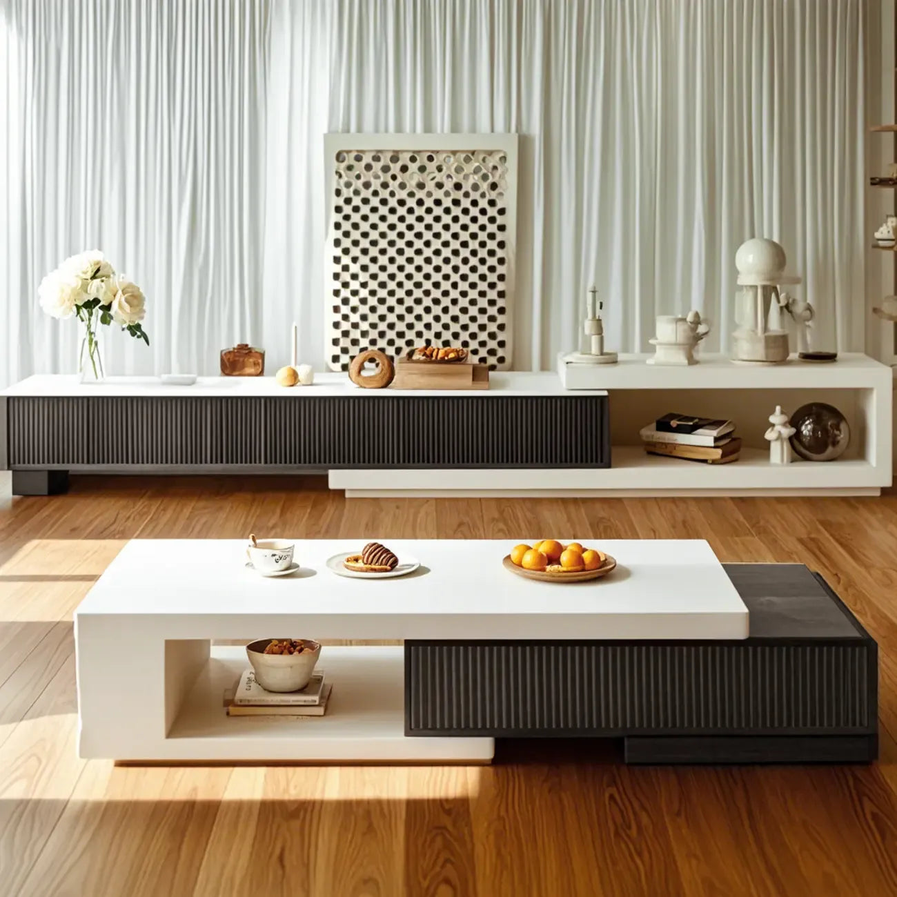 Table basse rectangulaire blanche moderne avec design extensible