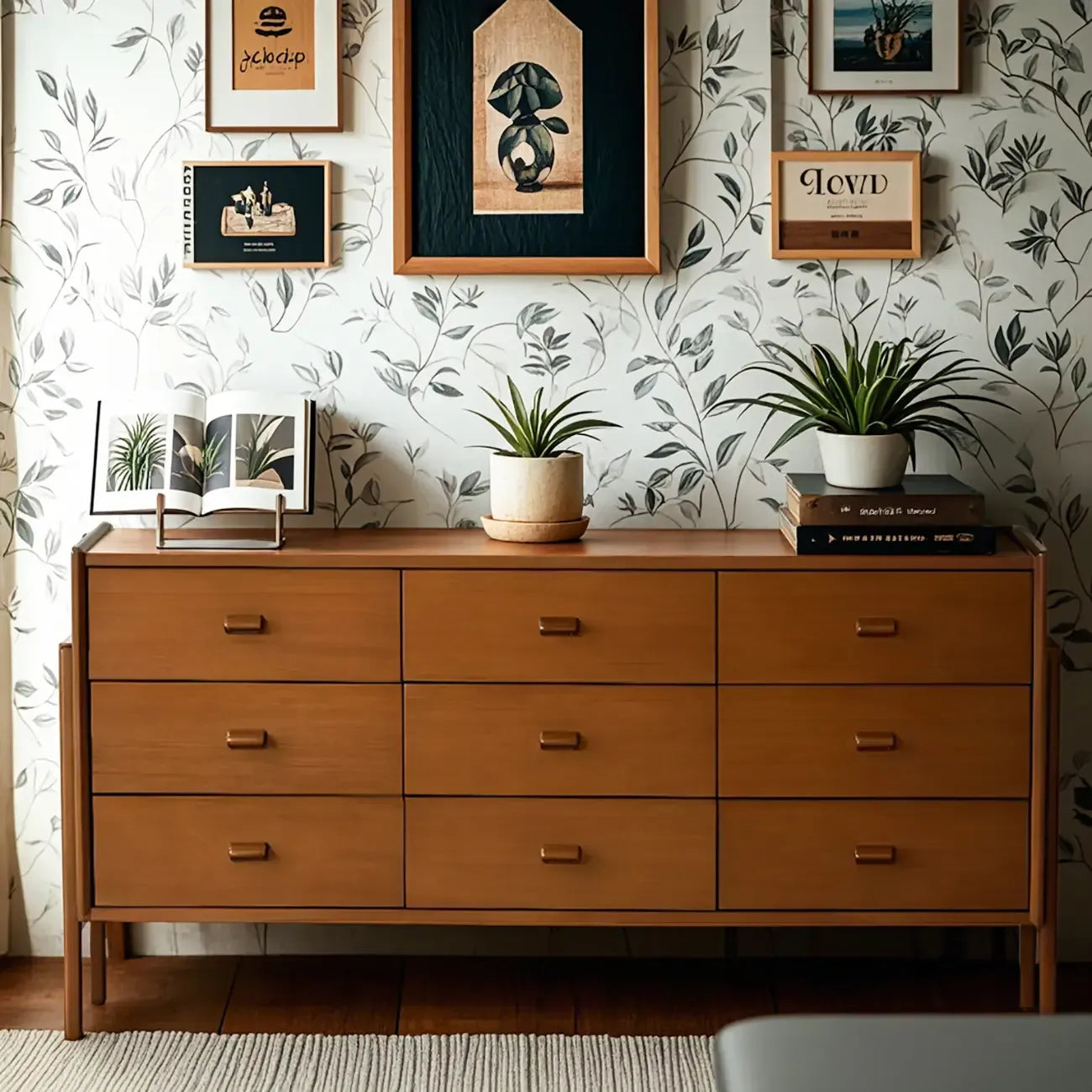 Commode minimaliste en bois marron avec tiroirs pour chambre à coucher