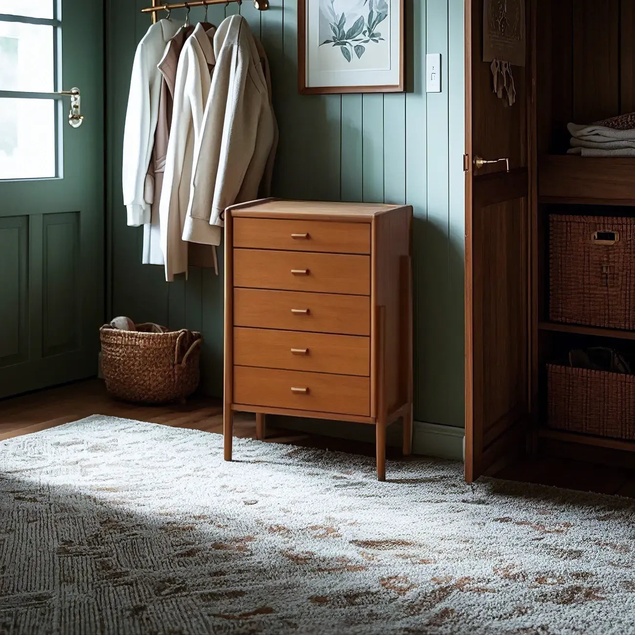 Commode minimaliste en bois marron avec tiroirs pour chambre à coucher