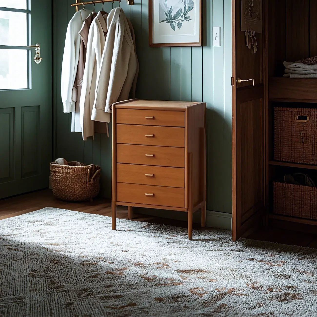 Commode minimaliste en bois marron avec tiroirs pour chambre à coucher