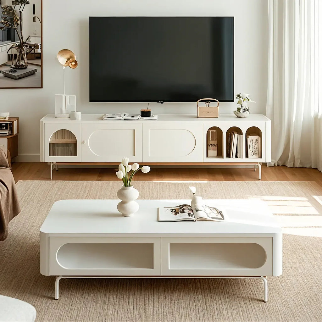 Mobile TV ad arco da 240 cm in legno bianco con nicchie e armadietti