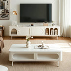 Mobile TV ad arco da 240 cm in legno bianco con nicchie e armadietti