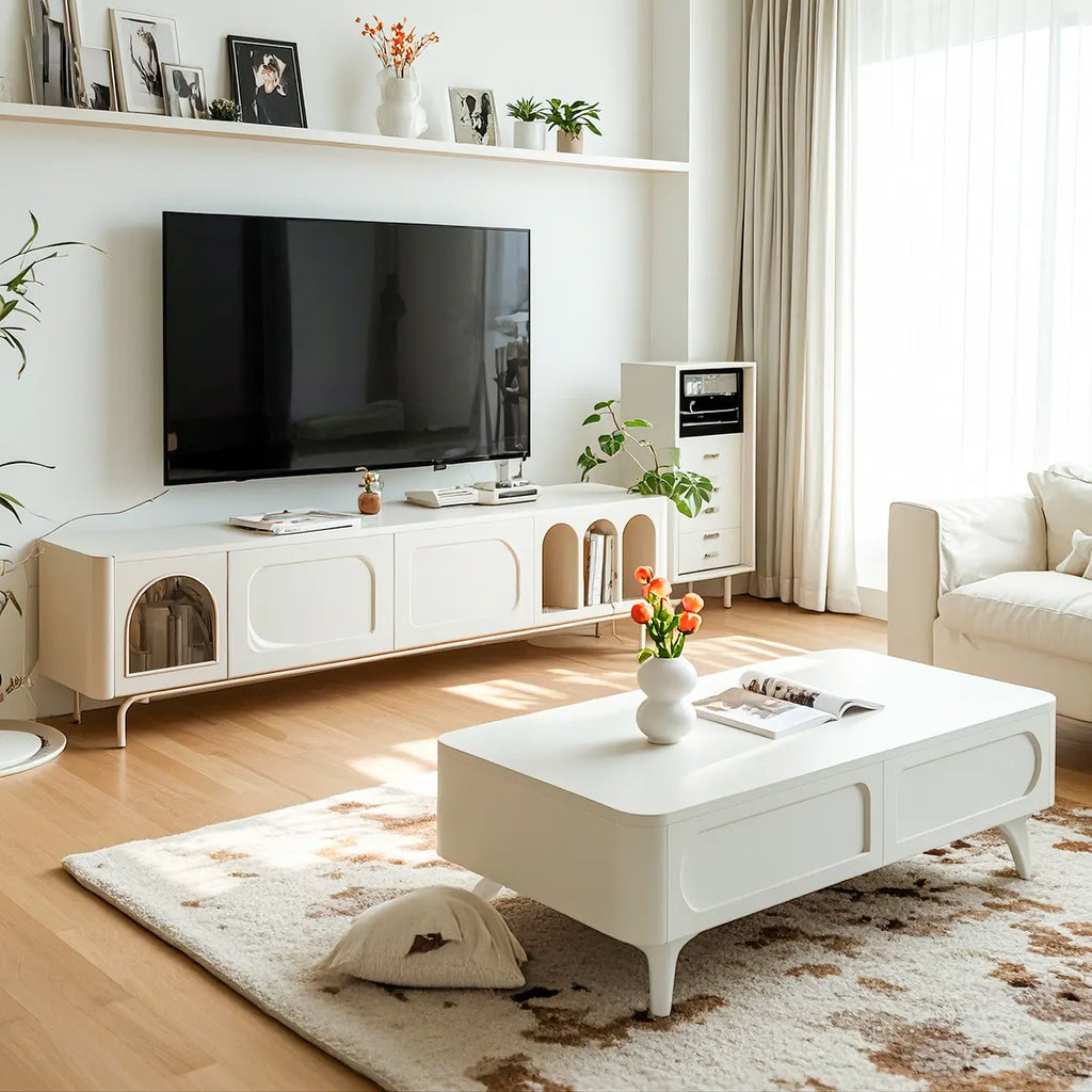 Mobile TV ad arco da 240 cm in legno bianco con nicchie e armadietti