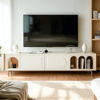 Mobile TV ad arco da 240 cm in legno bianco con nicchie e armadietti
