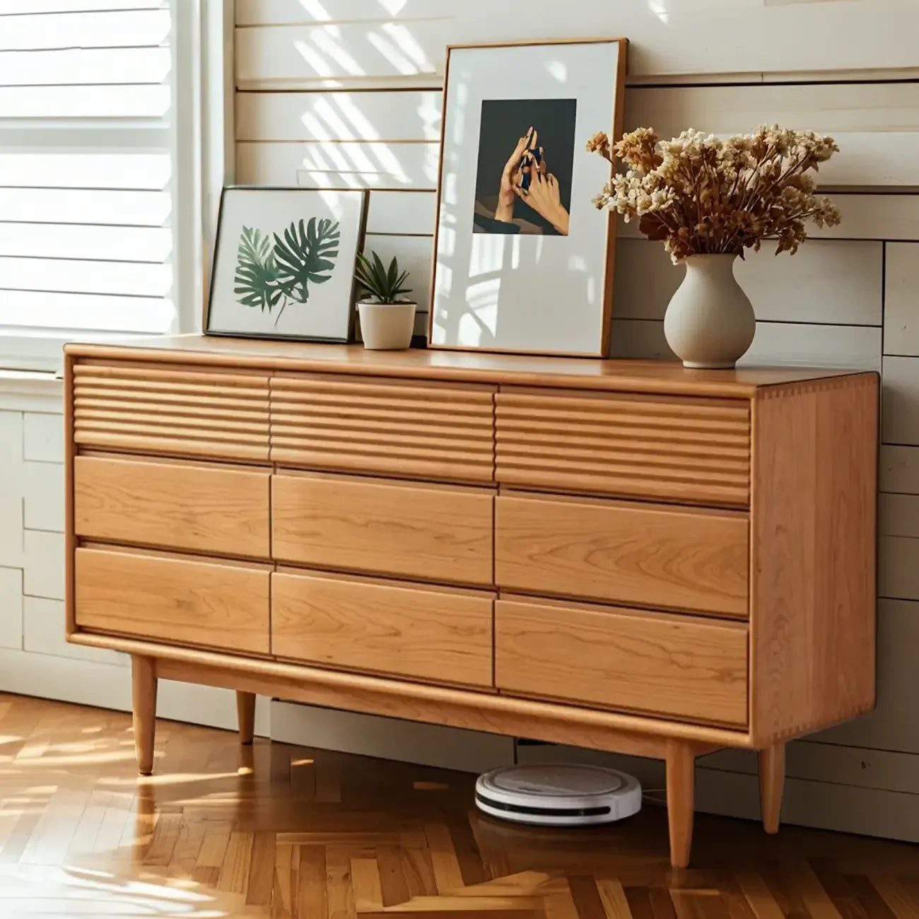Cassettiera Tripla Orizzontale in Legno Marrone da 160 cm con 9 Cassetti