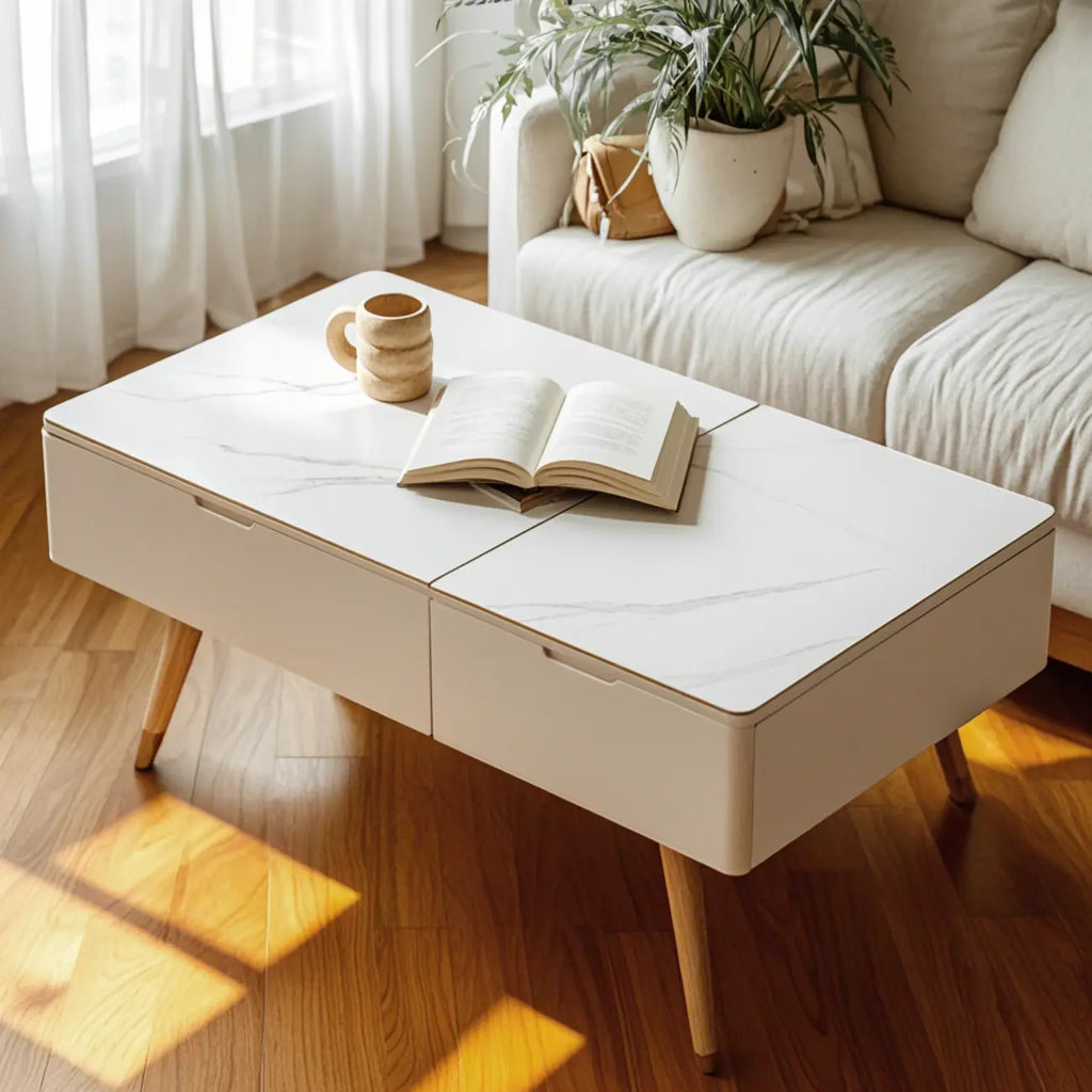 Tavolino da caffè moderno a 4 gambe in legno bianco con piano sollevabile e vano portaoggetti