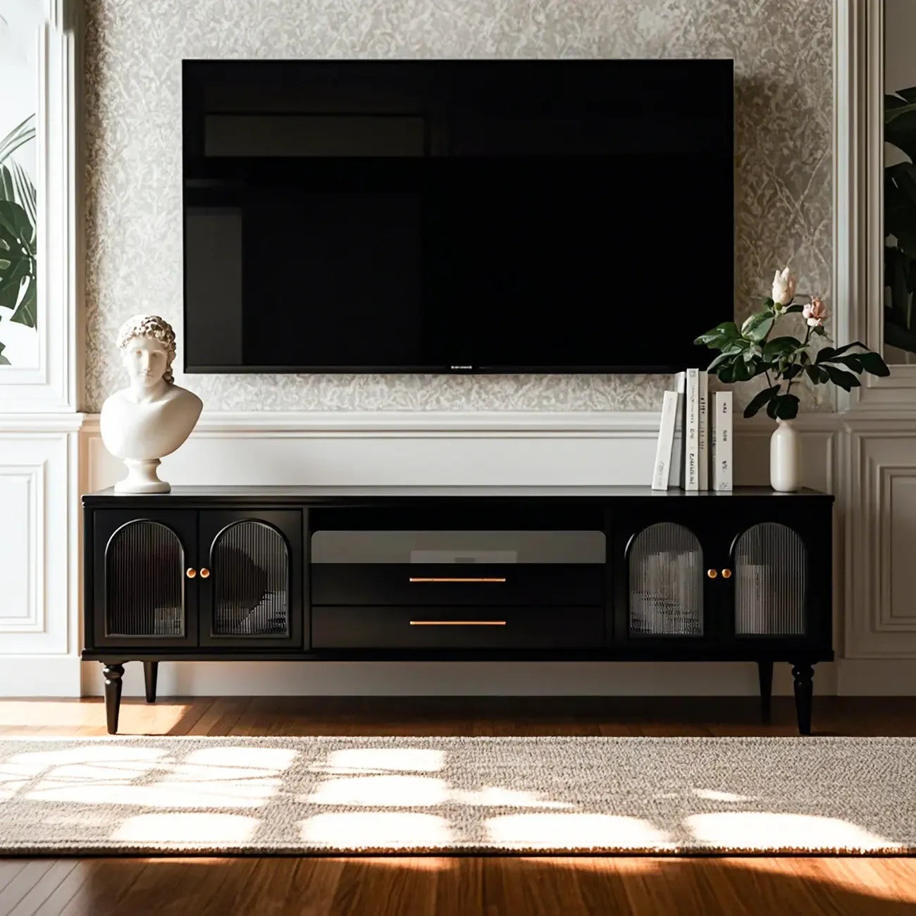 Mobile TV con ripiano aperto in vetro e legno nero moderno - 79