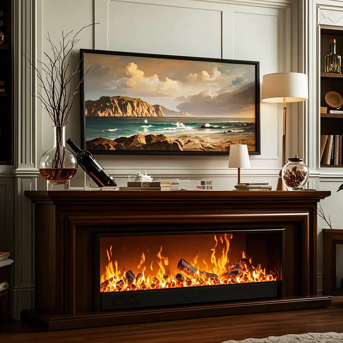 Supporto TV per caminetto elettrico in legno marrone rettangolare da 71" con luce