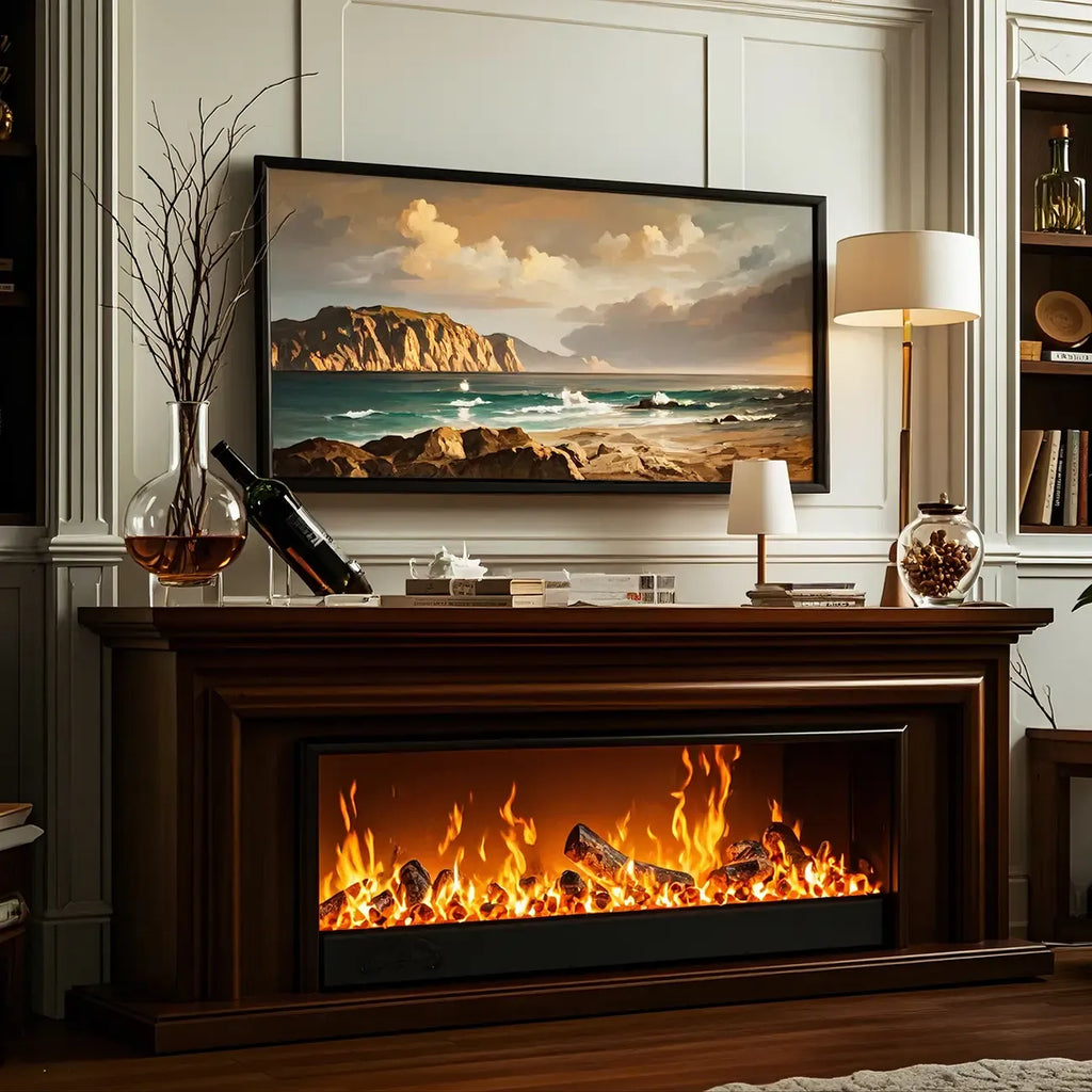 Supporto TV per caminetto elettrico in legno marrone rettangolare da 71" con luce