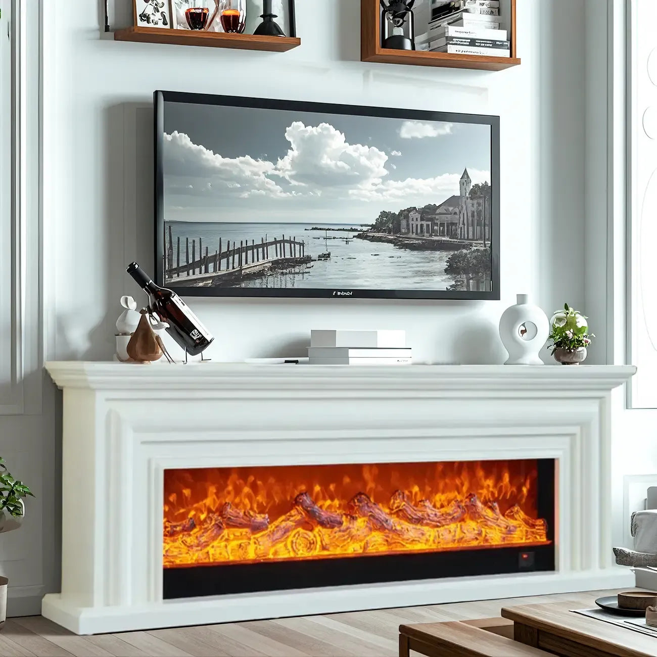Supporto TV per caminetto elettrico in legno marrone rettangolare da 71" con luce