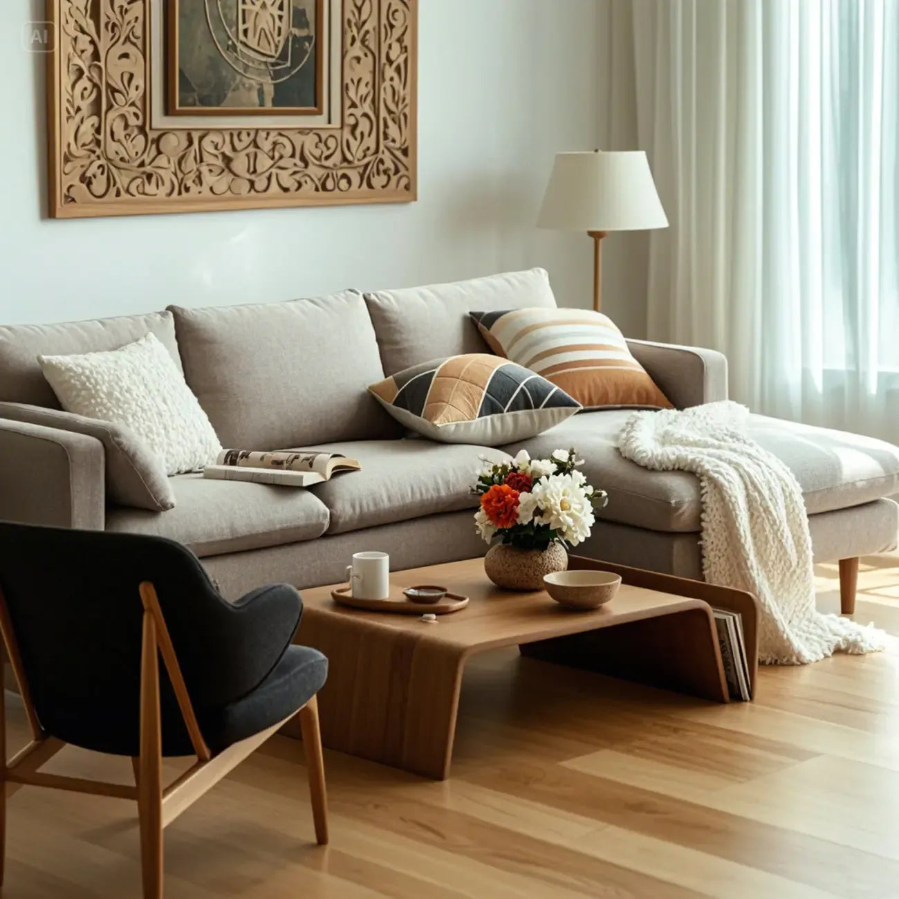 Table basse moderne incurvée en bois brun avec double piétement