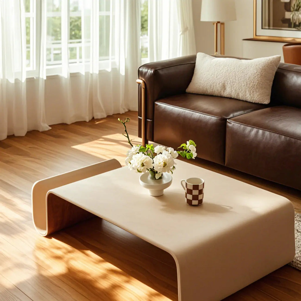 Table basse moderne incurvée en bois brun avec double piétement