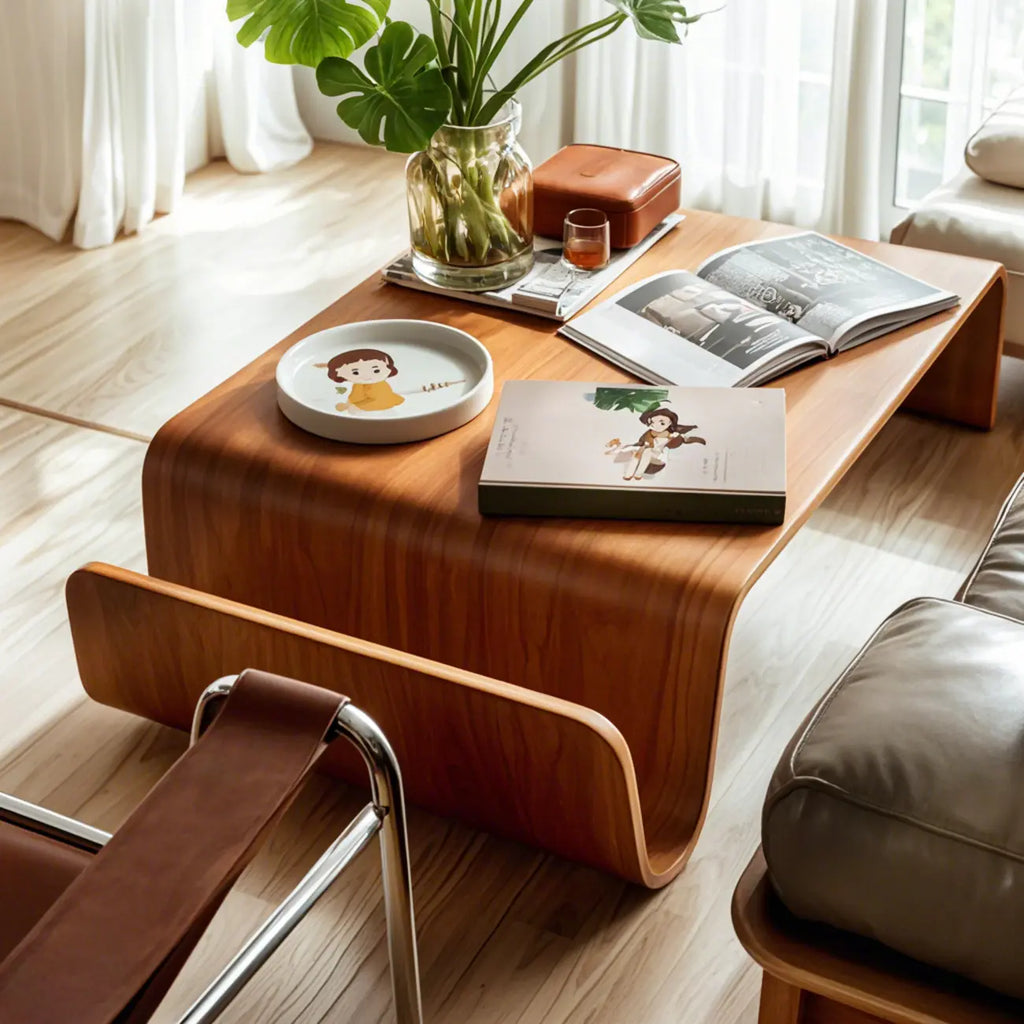 Table basse moderne incurvée en bois brun avec double piétement