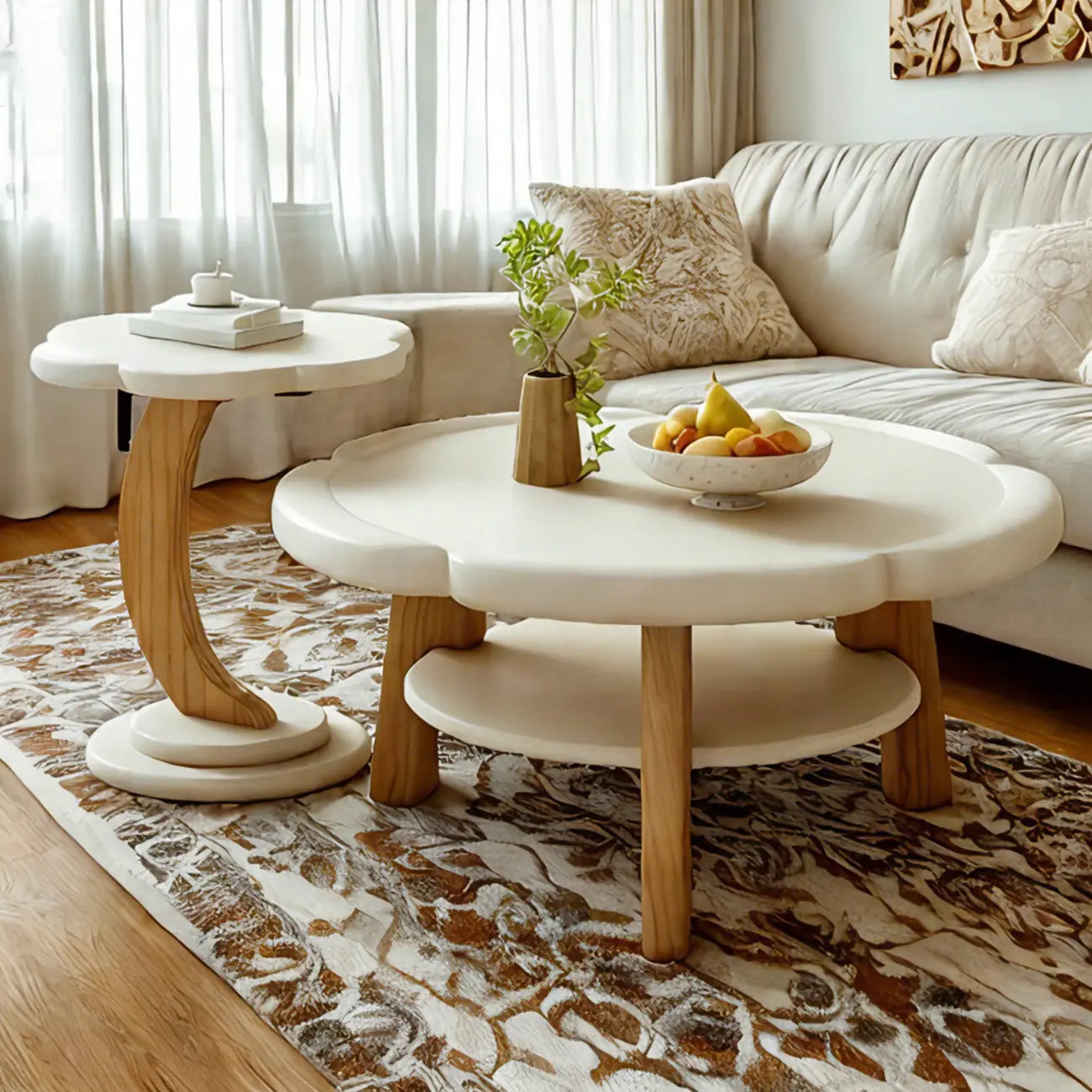 Table basse en bois irrégulière et charmante avec rangement pour salon