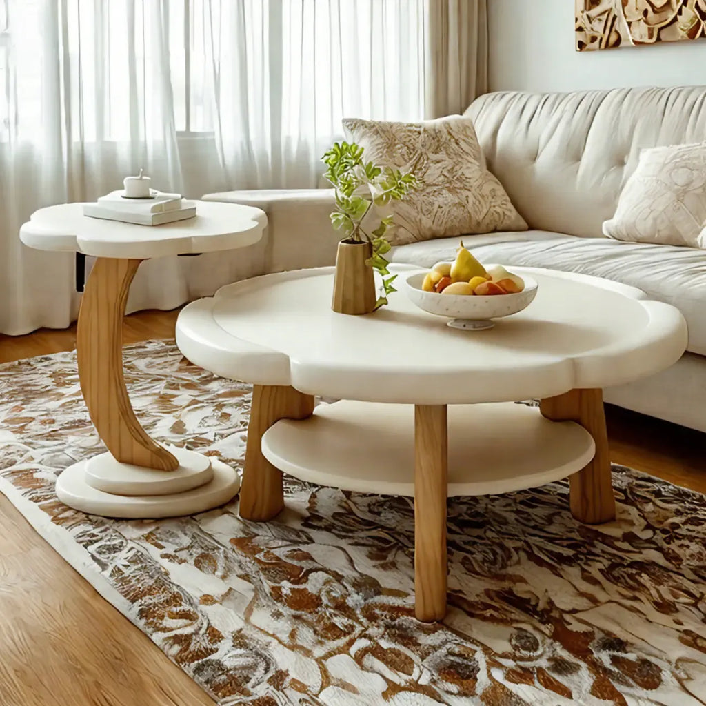 Table basse en bois irrégulière et charmante avec rangement pour salon