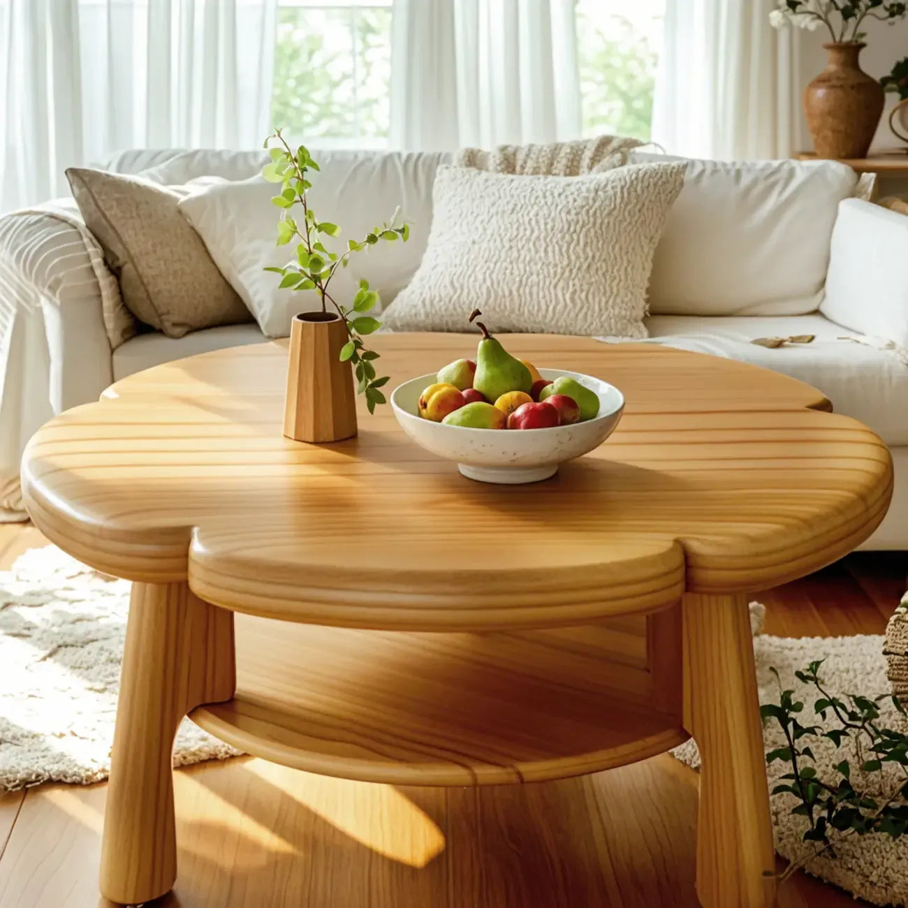Table basse en bois irrégulière et charmante avec rangement pour salon