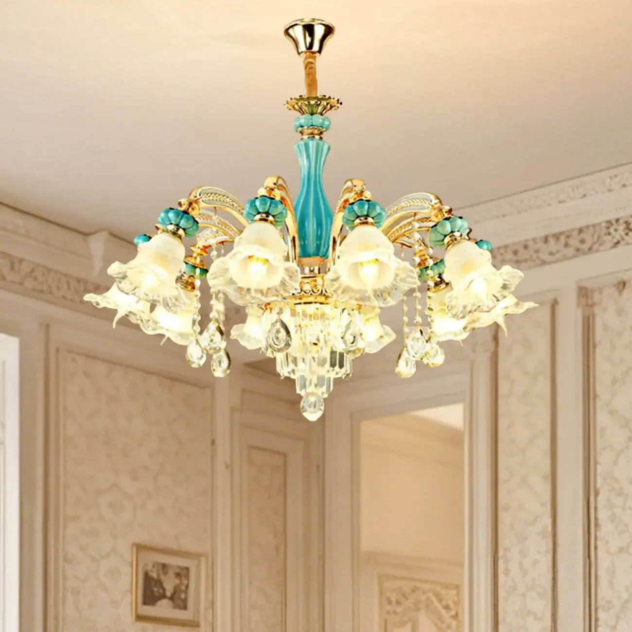 Lustre en cristal avec éclairage encastré pour salon et forme de fleur en verre