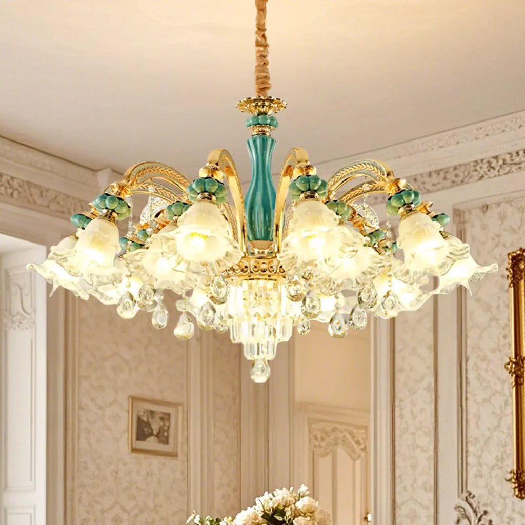 Lustre en cristal avec éclairage encastré pour salon et forme de fleur en verre